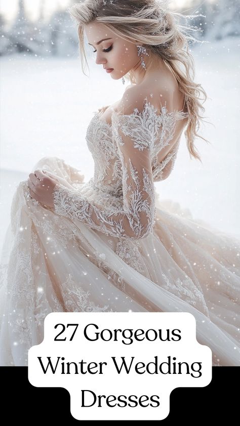 A bride wearing a gorgeous winter wedding dress with elegant details, standing against a snowy backdrop, showcasing a timeless bridal look perfect for a winter celebration. Wedding Dresses 2025 Trend, Plus Size Winter Wedding Dress, Winter Wedding Dress With Fur, Winter Bridal Dress, Ice Blue Winter Wedding, Blue Winter Wedding Ideas, Neutral Winter Wedding, December Wedding Dress, Snowflake Wedding Dress