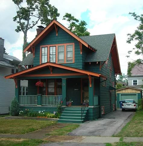 Bright Bungalow Exterior, Teal And Cedar House Exterior, Quirky Exterior House Colors, Bohemian House Exterior Paint Colors, 40s House Exterior, Teal Colored Houses Exterior, Emerald House Exterior, Jewel Tone Exterior House Paint, Eccentric House Exterior