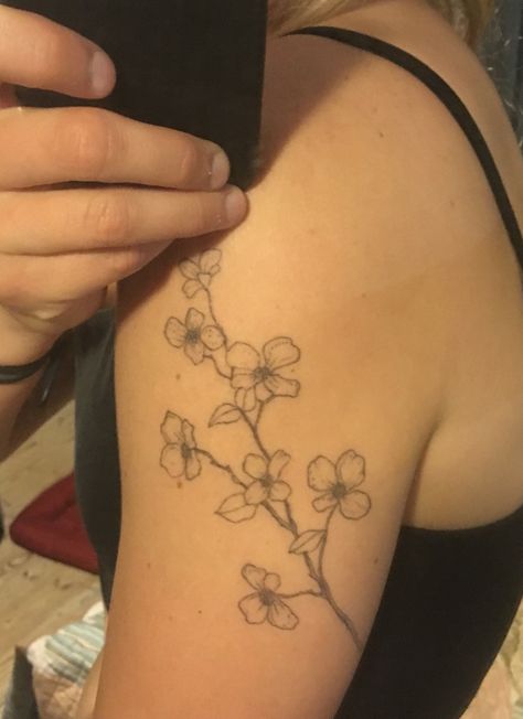 Dogwood tattoo Type Of Flower Tattoo, Dogwood Blossom Tattoo, Pacific Dogwood Tattoo, Flowering Dogwood Tattoo, Dogwood Tattoos For Women, Rare Flower Tattoo, Dogwood Branch Tattoo, Dogwood Tattoos, Flower Branch Tattoo