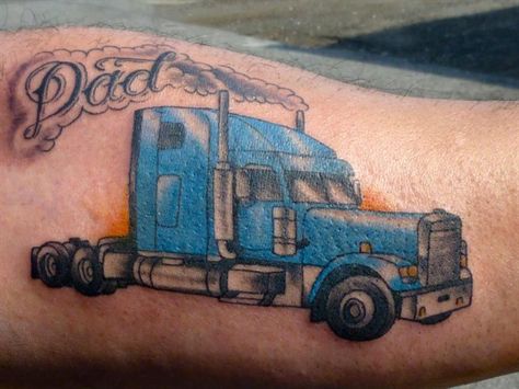 Driving Tattoo Ideas, Keep Driving Tattoo, Semi Truck Tattoo, Beer Tattoo Ideas, Driving Tattoo, Rip Tattoos For Dad, Beer Tattoos, Rip Dad, Truck Tattoo