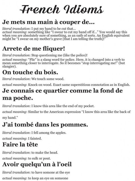 Some French idioms French Idioms, French Slang, Words In Different Languages, Useful French Phrases, Books And Tea, French Flashcards, Basic French Words, Study French, French Language Lessons