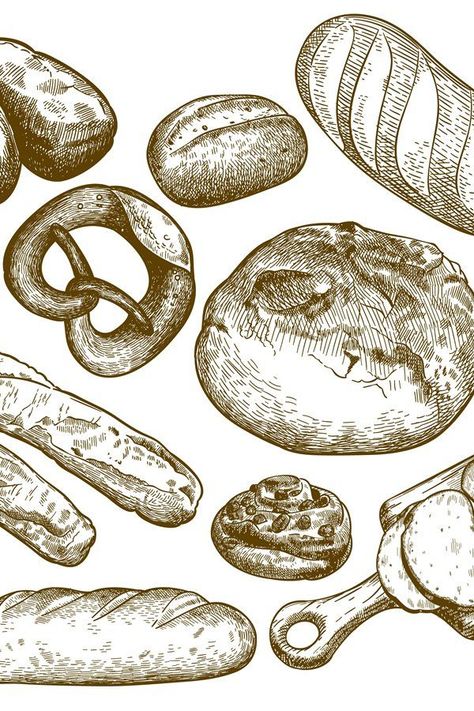 Hand drawn fresh bread. Sesame bun, pretzel and french loaf. (1014883) | Illustrations | Design Bundles | How to draw hands, Pen art drawings, Illustration Loaf Of Bread Illustration, Bread Loaf Drawing, Pretzel Logo, Bread Graphic, Bread Drawing, Cafe Mural, Bread Illustration, French Loaf, Badass Drawings