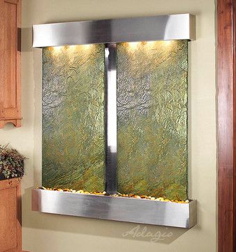 Slate Wall Mounted Water Features - The Cottonwood Falls with Green Slate contemporary indoor fountains Indoor Waterfall Wall, Wall Waterfall, Decorative Fountains, Glass Waterfall, Indoor Water Features, Water Feature Wall, Slate Wall, Indoor Water Fountains, Indoor Waterfall