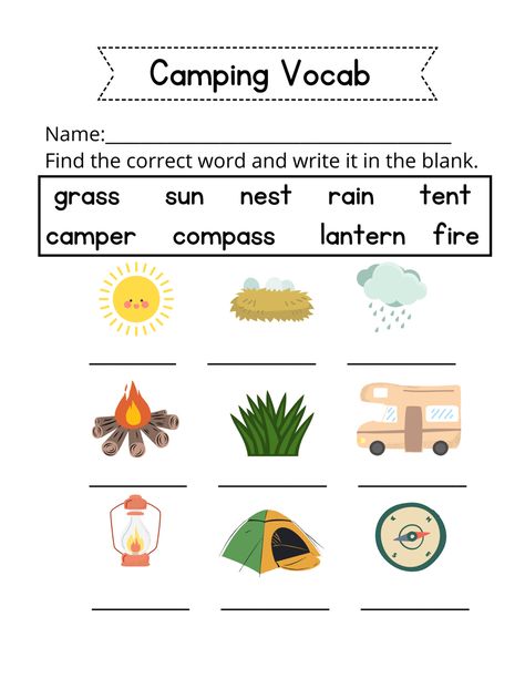 PreK worksheet camping theme vocabulary Camping Worksheets, Theme Worksheet, Rain Tent, Worksheets 1st Grade, Camping Theme, 1st Grade, Flashlight, Vocabulary, Tent