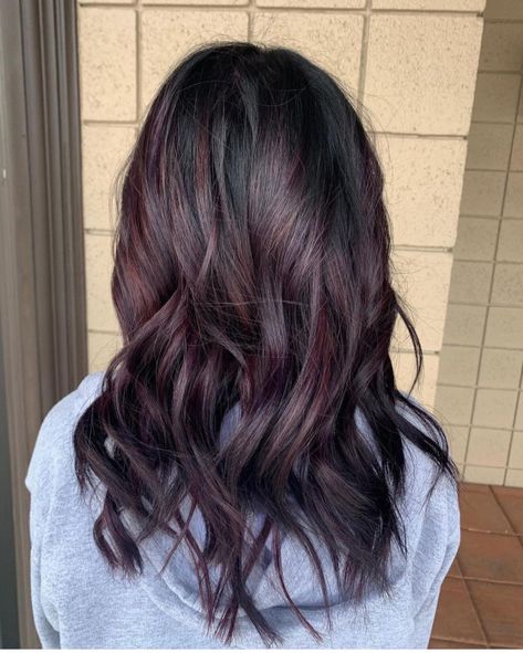 Dark Hair Color Ideas For Winter Deep Purple, 2023 Dark Hair Color Trends For Women, Dark Brown Hair With Purple Tint, Fall Winter Hair Color 2022, Blackberry Hair Color Dark, Blackberry Hair Color, Purple Brunette, Dark Plum Hair Color, Reddish Purple Hair