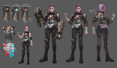 Vi Exosuit Concept Art from League of Legends #art #artwork #videogames #gameart #conceptart #illustration #leagueoflegends #lol #characterdesign Exosuit Concept Art, League Of Legends Art, Vi Cosplay, Jason Chan, Vi League Of Legends, Zbrush Character, Armor Clothing, Character Model Sheet, League Of Legends Characters