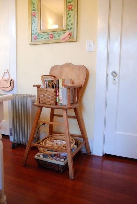 Great use of old high chair! Antique High Chair Decor, Vintage High Chair Decor, Antique High Chair Repurpose, Old High Chair Repurpose Ideas, Old Wooden Highchair Ideas, Diy High Chair, Chair Shelf, Light Yellow Walls, Antique High Chairs