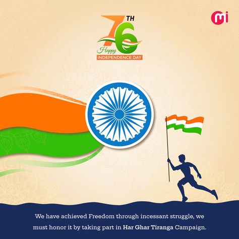 India is celebrating its 76th Independence Day. To commemorate 75 years of independence and honour the glorious history of its people, culture, and achievements, the government has launched 'Azadi Ka Amrit Mahotsav.' #independenceday2022 #aajadikaamritmahotsav #75thcelebration #harghartiranga #indian #india #proud #15august #celebration #mindinventory 76th Independence Day India, 76 Independence Day, 75 Years Of Independence, Mma Quotes, Flag Images, Indian Flag Images, Happy Independence Day India, Indian Independence, Indian Independence Day