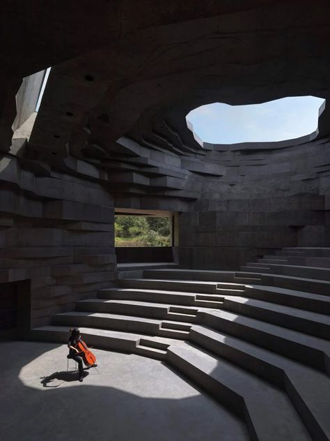 Open Architecture unveils rock-like concert hall in a valley outside Beijing Layered Architecture, Architecture Cool, Open Architecture, Outdoor Stage, Concrete Building, Cultural Architecture, Great Wall Of China, Landscape Plans, Chinese Architecture