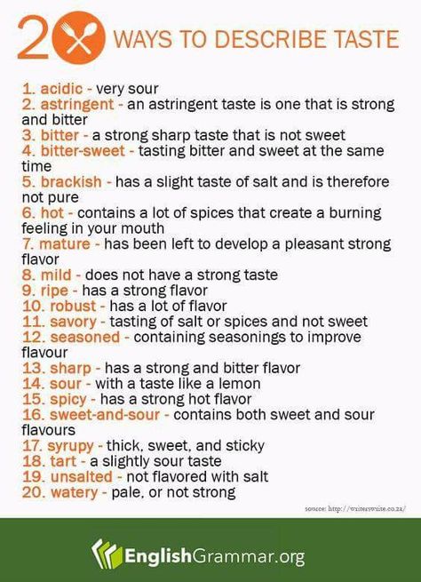 20 ways to describe taste #learnenglish Basic Vocabulary, Conversational English, Descriptive Words, English Vocab, Spoken English, English Language Teaching, English Writing Skills, English Tips, English Idioms