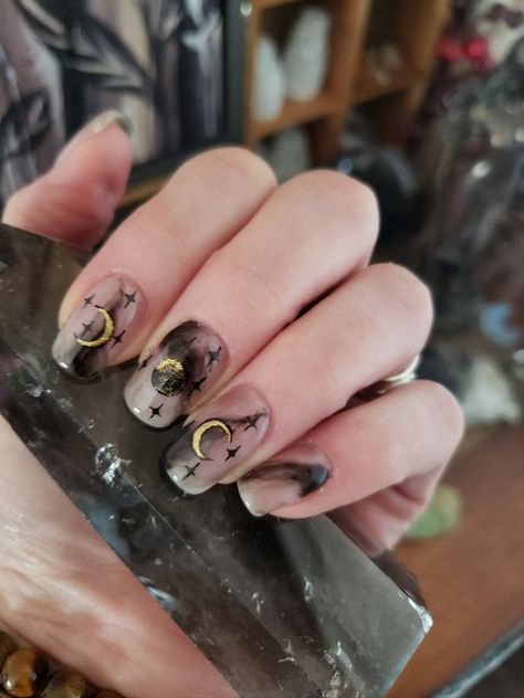 Smokey background highlights the Triple Moon Aspect and twinkling stars.
Nails by Krista Cory Moon Magick, Moon Nails, Triple Moon, Rings For Men, Moon, Nails