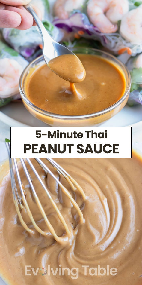 Two images showing how to make Thai peanut dipping sauce at home. Asian Peanut Sauce, Easy Peanut Sauce, Schezwan Sauce, Peanut Sauce Recipe, Thai Peanut Sauce, Peanut Butter Sauce, Spicy Peanuts, Sauce For Chicken, Thai Style