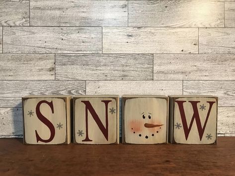 Snow Primitive Wood Block Set With Snowman Face 3.5" high Wooden Block Crafts Diy, Wooden Block Painting Ideas, Snowmen Blocks Diy, Small Wood Block Crafts, Wood Block Crafts Christmas, Wood Block Snowman Diy, 2 X 4 Snowman Wooden Blocks, Wood Block Snowman, Block Snowman Wooden