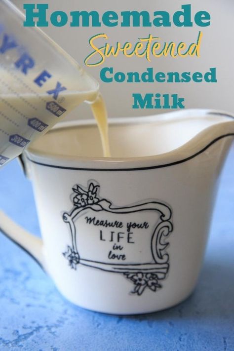 Read how to make homemade sweetened condensed milk! Need a can of sweetened condensed milk but don't have one in your pantry? Make your own! Only two main ingredients (with tips for substitutes!) to make your own homemade sweetened condensed milk for baking or ice cream recipes. Homemade Evaporated Milk, Condensed Milk Uses, Make Sweetened Condensed Milk, Condensed Milk Recipe, Homemade Sweetened Condensed Milk, Condensed Milk Recipes, No Churn Ice Cream, Evaporated Milk, Milk Recipes