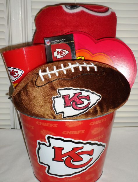 Kansas City Chiefs Kansas City Chiefs Gifts, Theme Baskets, Chiefs Football, Basement Decor, Kc Chiefs, Graduation Diy, Superbowl Party, Valentine Box, Birthday Wishlist