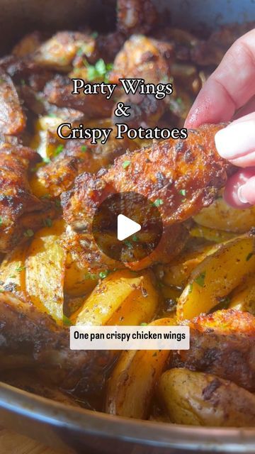 Mary Markarian on Instagram: "ONE PAN DINNER! 📣 CRISPY PARTY WINGS & POTATOES! RECIPE ⬇️ 
INGREDIENTS-
4-5 lbs chicken wings (drums & flats)
1 1/2 lbs potatoes (cut in wedges)
1/4 cup olive oil
3 tsp kosher salt
1 tsp black pepper 
2 tsp paprika
2 tsp sumac
1-2 tsp Aleppo pepper or other mild red pepper
1 tsp dried oregano 
5 cloves garlic crushed
1/3 cup lemon juice
DIRECTIONS-
Preheat oven to 425 (convection setting preferred)
Add the wings, potatoes, olive oil, spices, garlic, and lemon juice. Combine until everything is evenly coated. Place it all into a big baking dish. I’m using a round, stainless steel pan but any baking dish will do. Make sure it’s large enough to accommodate all the ingredients or your chicken won’t get crispy. 
Bake uncovered for 35 minutes. Remove from oven and Chicken Wings And Potatoes In Oven, Baked Chicken Wings And Potatoes, Oven Chicken Wings, Party Wings, Stainless Steel Pan, Potatoes In Oven, Savory Foods, Aleppo Pepper, Crispy Chicken Wings