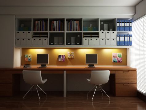 Sharing an office isn't always easy – but with the right workspace setup, coexistence is definitely possible. This post looks at a wide variety of offices des Two Desks, Ikea Home Office, Home Office Furniture Design, Modern Home Offices, Study Room Design, Office Furniture Design, Ikea Home, Small Home Office, Modern Home Office