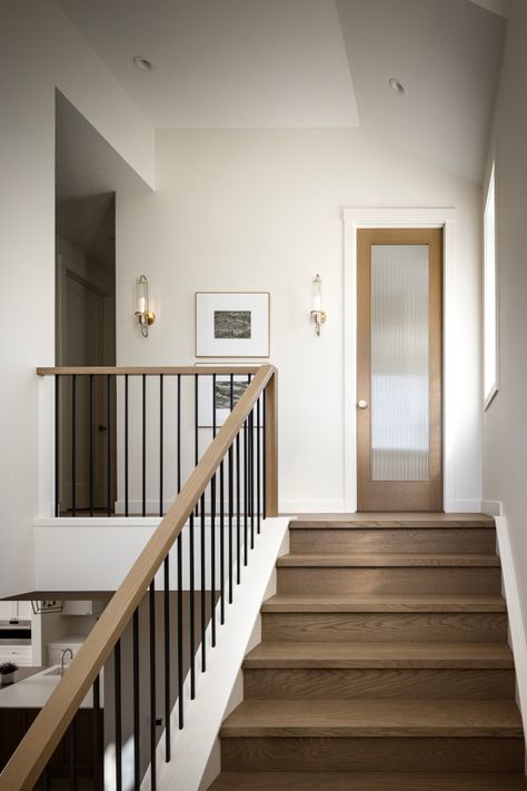 Lvp Stairs With White Risers, Stairs Between Two Walls, Timeless Staircase, White Stair Railing, White Oak Mantle, Beach House Staircase, White Oak Stairs, White Oak Staircase, Trickle Creek Homes