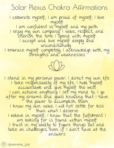 Solar plexus chakra affirmations on a yellow watercolor background Solar Plexus Chakra Affirmation, Chakra Correspondences, Chakras Affirmations, Solar Plexus Chakra Healing, My Strength And Weakness, Candle Color Meanings, Spiritual Affirmations, Meditation Scripts, Chakra Affirmations