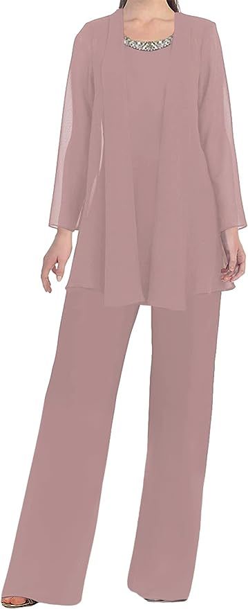 Amazon.com: 3 PCE Chiffon Mother of The Bride Dress Pant Suits with Jacket Dusty Rose 12 : Clothing, Shoes & Jewelry Wedding Pantsuits, Formal Pant Suits For Women, Wedding Guest Pants, Wedding Pantsuit, Suits For Wedding, Pant Suits For Women, Dress Pant Suit, Casual Blazer Women, Blue Clothing