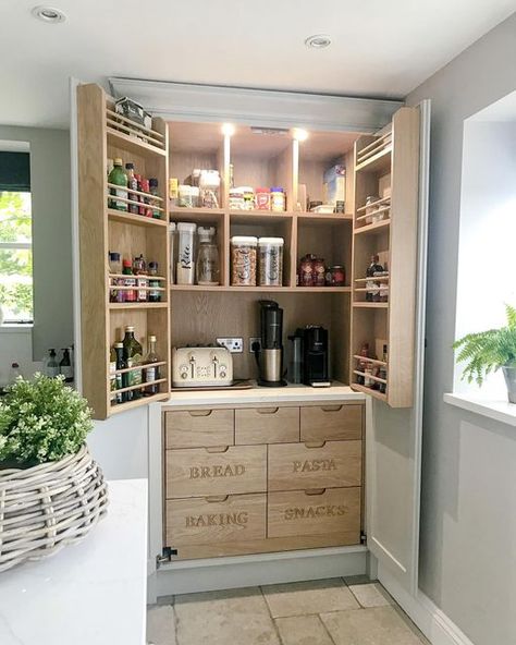 Natasha on Instagram: "Pantry appreciation ….. This is one of the best things we included in our kitchen. We don’t actually have a lot of wall space, so this pantry cupboard was perfect. It literally stores so much and I would really recommend it to anyone having a new kitchen built. We have hidden so much in here including our toaster, coffee machine and more! Only wished now we’d had a “chocolate” drawer 😂. Happy #stillsunday #kitchen #kitchendesign #kitchendecor #kitcheninspiration # Pantry Cupboard Designs, Kitchen Pantry Cupboard, Built In Pantry, Pantry Wall, Pantry Cupboard, Kitchen Pantry Cabinets, Hamburger Helper, Kitchen Pantry Design, Pantry Cabinet