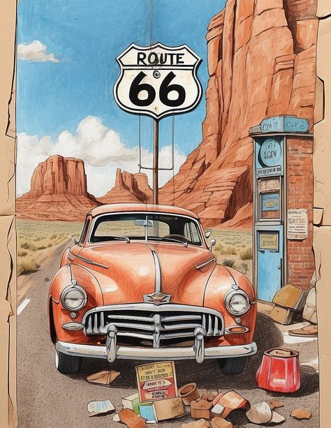 Route 66 Aesthetic, Route 66 Theme, Old Route 66, Route 66 Road Trip, Automobile Advertising, Combi Volkswagen, Printable Pages, Abandoned Cars, Journal Kit