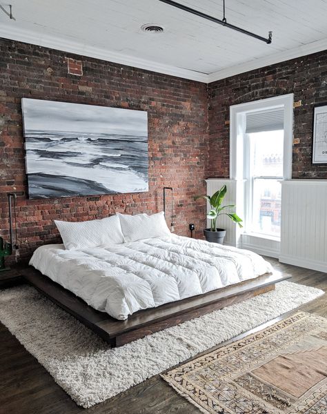 Exposed Brick Bedroom, Brick Wall Bedroom, Brick Bedroom, Brick Room, Condo Bedroom, Brick Interior, Condo Decorating, Brick Walls, Condo Living