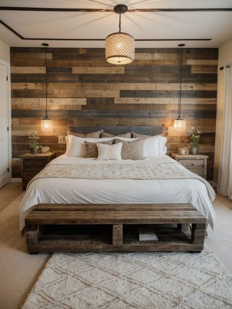 Add a touch of DIY charm to your bedroom with a unique accent wall. Consider using reclaimed wood pallets or stenciling a geometric pattern for a modern look. Complete the cozy vibe by styling the space with warm string lights and plush throw pillows. Diy Bedroom Accent Wall, Geometric Wood Accent Wall, Wood Accent Wall Bedroom, Bedroom Accent Wall Ideas, Wood Accent Walls, Unique Accent Wall, Warm String Lights, Bedroom Accent Wall, Accent Wall Ideas