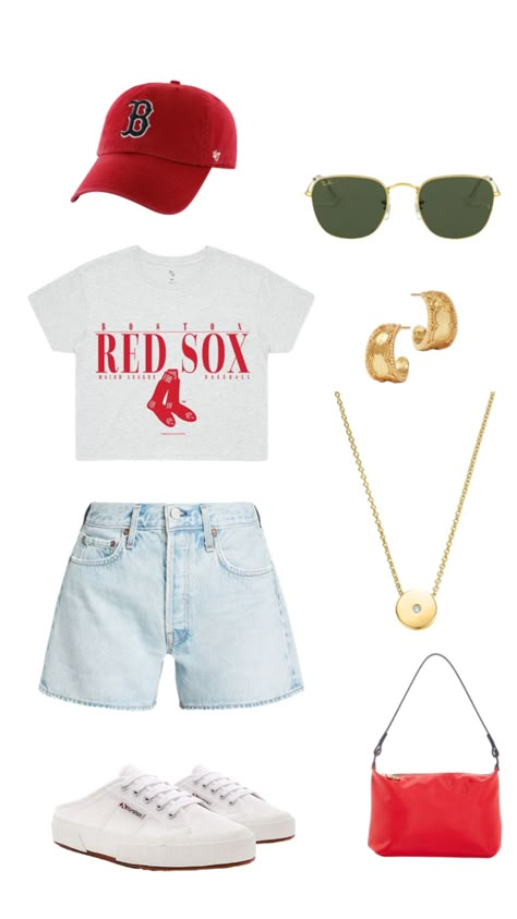 #bostonredsox #baseballgameoutfit #boston #outfitinspo Patriots Game Outfit Fall, Baseball Game Outfit Inspo Summer, Redsox Boston Outfit, Baseball Gameday Outfit, Red Sox Outfit Women, Boston Fashion Summer, Boston Aesthetic Outfits Summer, St Louis Cardinals Outfit Woman, Boston Red Sox Outfit Woman