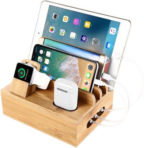 SETROVIC Bambus Ladestation Docking Holder, Desktop Organizer & Ladestation für mehrere Geräte Dock. Ladestation Zubehör Docking Holder... Best Charging Station, Wooden Docking Station, Cool Gadgets On Amazon, Apple Watch Charger, Usb Charging Station, Watch Charger, Galaxy Note 5, Galaxy Note 4, Cord Organization