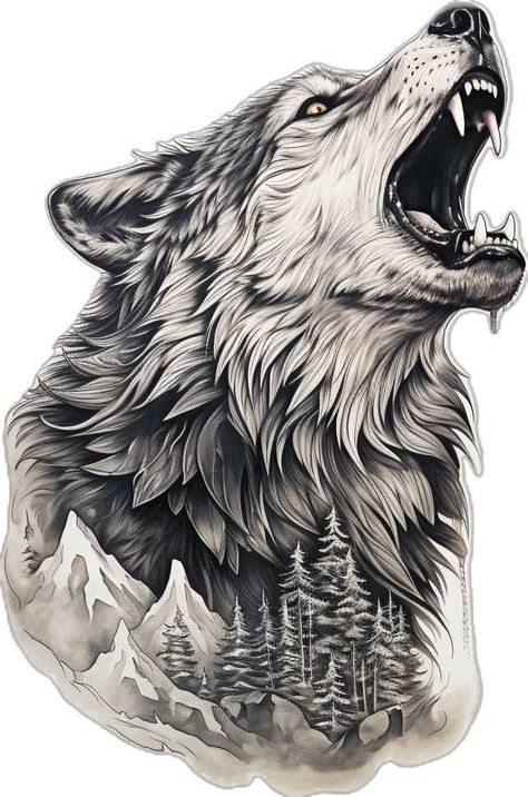 Howling Wolf Tattoo Design, Tattoo Nike, Grey Wolf Tattoo, Howling Wolf Tattoo, Werewolf Tattoo, Crazy Tattoos, Mountainous Landscape, Wolf Images, Clever Tattoos