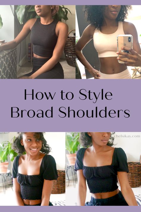 Outfits For Wide Shoulders, Style Broad Shoulders, Broad Shoulder Women Outfits, Broad Shoulder Women, Dresses For Broad Shoulders, Inverted Triangle Fashion, Triangle Body Shape Outfits, Inverted Triangle Outfits, Shoulder Tops Outfit