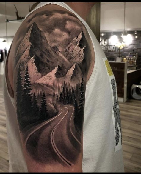 Realism Landscape Tattoo, Shoulder Mountain Tattoo, Road Tattoo Sleeve, Highway Tattoo Ideas, Mountain Road Tattoo, Highway Tattoo, Nature Themed Sleeve Tattoo, Alaska Tattoos, Mountain Scene Tattoo