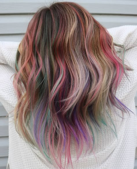 We're obsessed with this multi-colored blayage by @reaveydalfonsi - use our Pastel collection to get a similar look ! #lunartides #rainbowhair Pastel Highlights In Brown Hair, Pink Hair Rainbow Highlights, Balayage With Color Pop, Light Brown Hair With Colored Tips, Rainbow Ends Hair, Brown And Rainbow Hair, Muted Rainbow Hair, Brown Hair With Rainbow Highlights, Rainbow Highlights Hair Brown