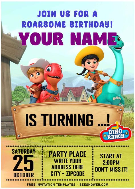 Dino Ranch Party Ideas, Dino Ranchers Birthday Party, Dino Ranch Birthday Party, Dino Ranch Birthday, Dino Birthday Invitations Free Printable, Dinasour Invitation Template Free, Dino Ranch Invitations, Dinosaur Birthday Invitations Templates, Dino Ranch Birthday Invitation