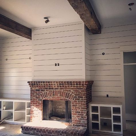 Really excited to see how this great room is coming together! #shiplap #reclaimedbeams Farmhouse Brick, Farmhouse Fireplace Ideas, Rustic Farmhouse Fireplace, Amazing Rooms, Fireplaces Ideas, Brick Fireplace Makeover, Look Wallpaper, Shiplap Fireplace, Cottage Shabby Chic