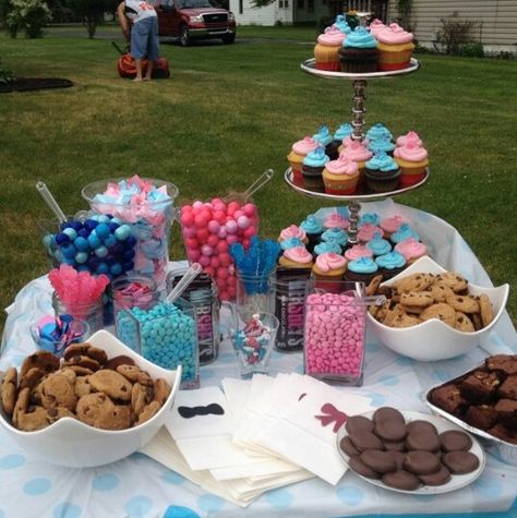 Food for baby gender reveal party! Too cute Dessert Bar Gender Reveal, Gender Reveal Snack Ideas, Hosting Era, Unique Gender Reveal Party Ideas, Gender Reveal Food, Food For Baby, Gender Reveal Diy, Baby Gender Reveal Party Decorations, Gender Reveal Unique