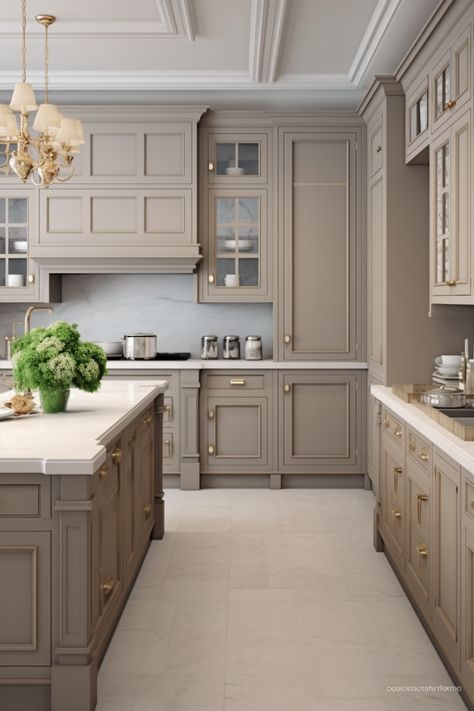 Kitchen Taupe, Greige Kitchen Cabinets, Kitchen Japandi, Kitchen Timeless, Taupe Kitchen Cabinets, Countertop Paint, Greige Kitchen, Taupe Kitchen, Japandi Kitchen