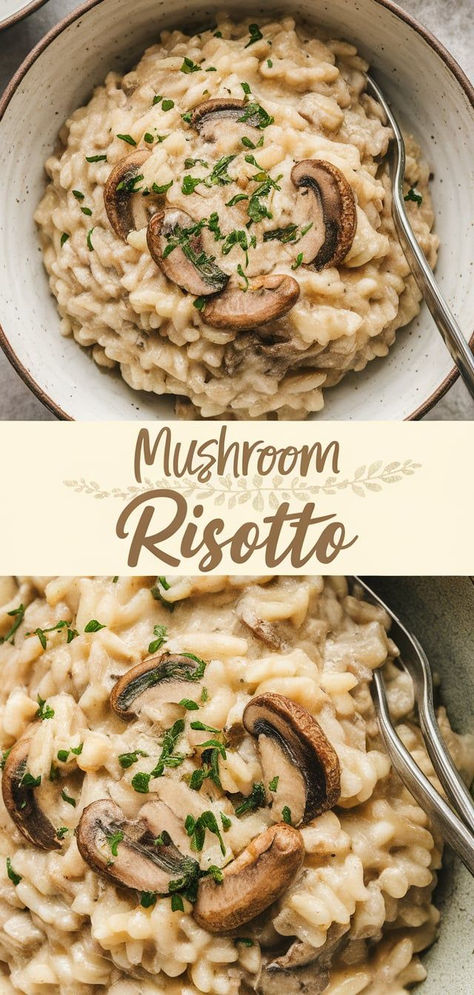 Creamy Mushroom Risotto: a rich, comforting dish with tender Arborio rice, earthy mushrooms, and a velvety, cheesy sauce. Perfect for a cozy dinner or as a side dish that will impress your guests! Martha Stewart Risotto, Risotto Recipes Beef, Gordon Ramsay Mushroom Risotto, Risotto For A Crowd, Christmas Rissoto, Crock Pot Risotto, Coconut Milk Risotto, Wild Mushroom Risotto Recipes, Best Mushroom Risotto Recipes