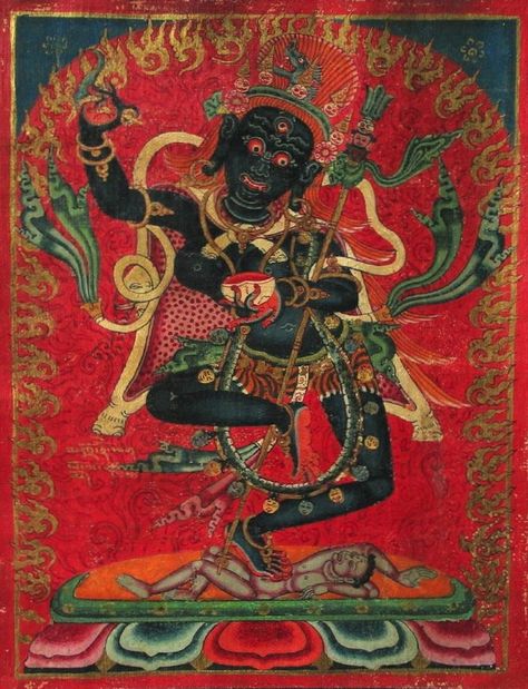 Vajrayogini - Krodha Kali (Wrathful Black Varahi). Tibet. 1500s. Mahayana Buddhism, Thangka Painting, Tibetan Art, Eastern Art, T Art, Tibetan Buddhism, Tibetan Buddhist, Hindu Deities, Hindu God