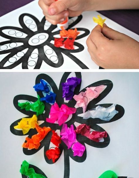 Fine motor activity. Crinkle tissue paper and glue it into s picture for 3D art! Glue Tissue Paper Art, Art Kindergarten, Tissue Paper Craft, Wrinkled Paper, Fine Motor Activity, S Picture, Crumpled Paper, Summer Craft, Primary Students