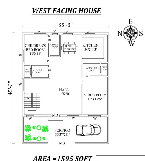 Autocad Drawing file shows 35'X45' Marvelous 2bhk West facing House Plan As Per Vastu Shastra. The total buildup area of this house is 1595 sqft. The kitchen is in the Southeast direction. Dining is in the east of the house. The master bedroom available in the southwest direction with the attached toilet is in the south direction. kid's bedroom is in the Northeast direction with the attached toilet available in the east direction. A staircase is available in the northwest inside of the house. A Home Plans Indian, West Facing House Plan, South Facing House, West Facing House, 30x40 House Plans, East Direction, Vastu House, 2bhk House Plan, Modern Tv Wall