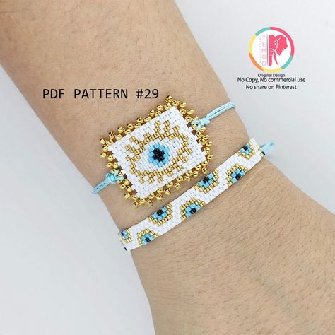 Evil Eye Bracelet Pattern, Evil Eye Bead Pattern, Ojo Bracelets Diy, Evil Eye Loom Bracelet, Brick Stitch Heart Bracelet, Brick Stitch Evil Eye Pattern, Evil Eye Miyuki Bracelet, Women Protection, Protective Eye