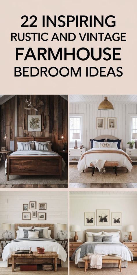 A serene farmhouse-style bedroom featuring a metal bed frame, wooden bench, and gallery wall of framed artwork. Main Bedroom Farmhouse, Rustic Farmhouse Guest Bedroom, Industrial Farmhouse Bedroom Ideas, Rustic Master Bedrooms Farmhouse, Rustic Industrial Bedroom Ideas, Farmhouse Interior Bedroom, Metal Farmhouse Bed, Vintage Guest Bedroom Ideas, Rustic Farmhouse Bedroom Master Suite