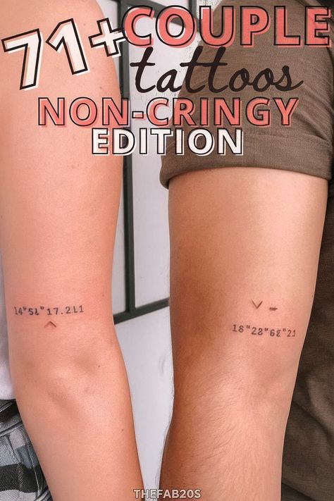 Unique Couple Tattoo Designs You’ll Both Adore Ex Couple Matching Tattoos, Couple Words Tattoos, Initials And Date Tattoo, Anniversary Tatoos Ideas, Funny Couple Tattoo Ideas, Spouse Name Tattoos Ideas, Romantic Tattoo Couples, Couples Tattoo Ideas Unique, Vegas Wedding Tattoo Ideas