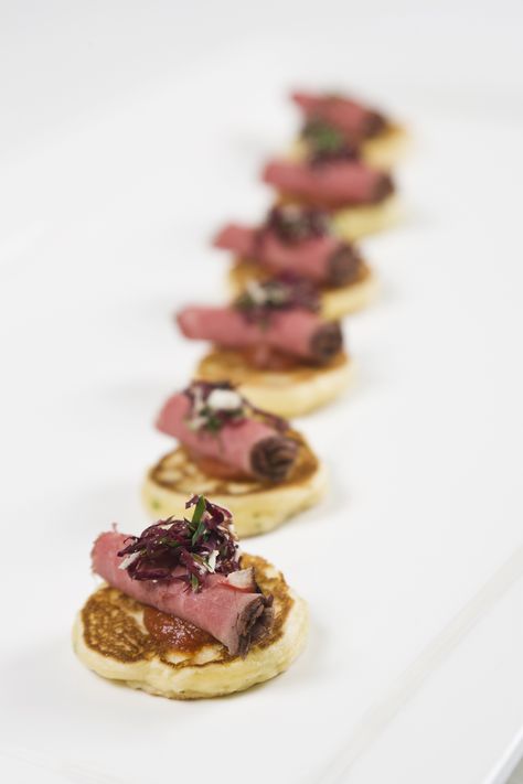 White Truffle Pancake with Grilled NY Steak  #culinarycapers #canape #horsdoeuvre #catering http://www.culinarycapers.com/ Photo: Chef Margaret Chisholm Savoury Party Food, Canapes Catering, Ny Steak, Gourmet Appetizers, Cocktail Party Food, Mini Appetizers, Catering Buffet, Bite Size Appetizers, Corporate Catering