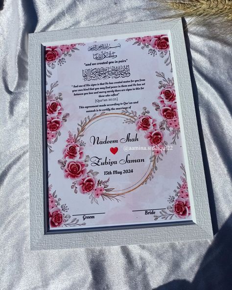 Nikah nama frame A4 Dm me for order Contact -7905869506 #thumbimpression #thumbboard #thumbprint #nikahnama #nikahmirror #nikahdopatta #nikahsignaturepen #nikahdupatta #nikahbooklet #nikah #nikaahpen Nikah Certificate, Wedding Pen, Unique Wedding Cards, Flower Graphic Design, Thumb Prints, Frame Ideas, Poster Background, Arabic Calligraphy Art, Poster Background Design