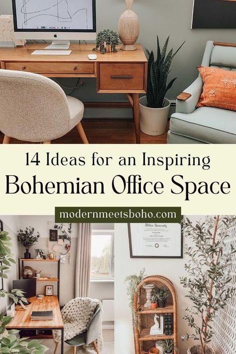 Revamp your work sanctuary with 14 ideas for an inspiring bohemian office space. Infuse personality into your home office with boho office decor that sparks creativity and boosts your motivation. Tap for the best tips on creating a boho office room! Boho Living Room Office Combo, Office Decor Zen Spaces, Modern Boho Office Design, Boho Beach Office, Boho Professional Office Decor, Mid Century Boho Office, Boho Small Office Space, Earthy Modern Office, Home Office Decor Ideas Inspiration