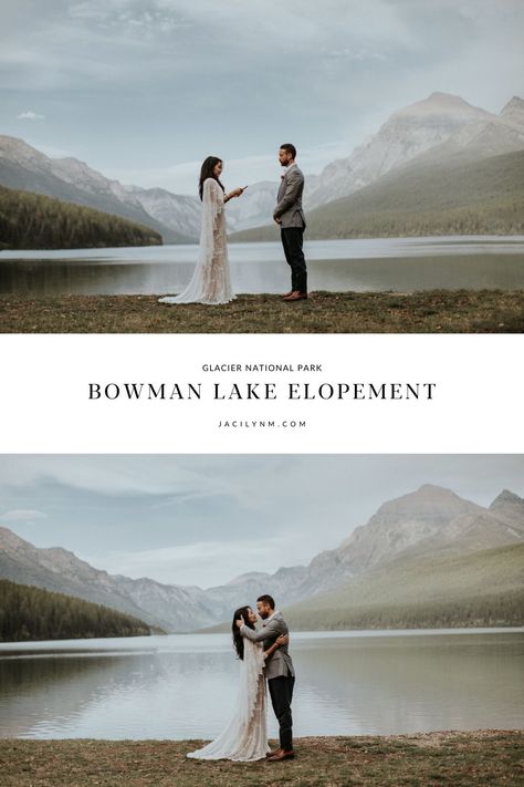 Bowman Lake in Glacier National Park is a hidden gem, often overlooked by the crowds. If you're looking for some mountain wedding ideas, take a walk off the beaten path and consider an adventure elopement in Montana! If you're wondering how to elope in Glacier National Park, hop over to my blog at jacilynm.com to read about eloping in Montana and the park! You'll find all the outdoor intimate wedding and elopement location ideas over there!! Booking through 2022 - let's plan your adventure! Bowman Lake Montana, Glacier Park Elopement, Glacier Elopement, Mountain Wedding Ideas, Glacier National Park Wedding, Lake Montana, Glacier National Park Elopement, Lake Mcdonald, How To Elope