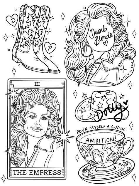 Dolly Parton Traditional Tattoo, Dolly Parton Line Drawing, Dolly Parton Flash Tattoo, Dolly Inspired Tattoo, Kenny Kiernan Coloring Pages, Dolly Parton Outline, Dolly Parton Embroidery, Dolly Parton Coloring Pages, Dolly Parton Drawing Easy